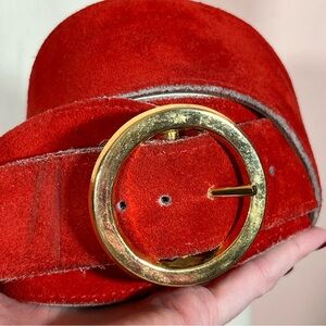 Vintage 1980 Retro Red Thick Suede leather Wide corset Belt Brass Buckle